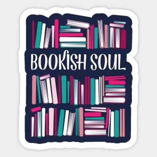 Bookish soul // oxford navy blue bookshelf background teal white fuchsia carissma and pastel pink books Sticker